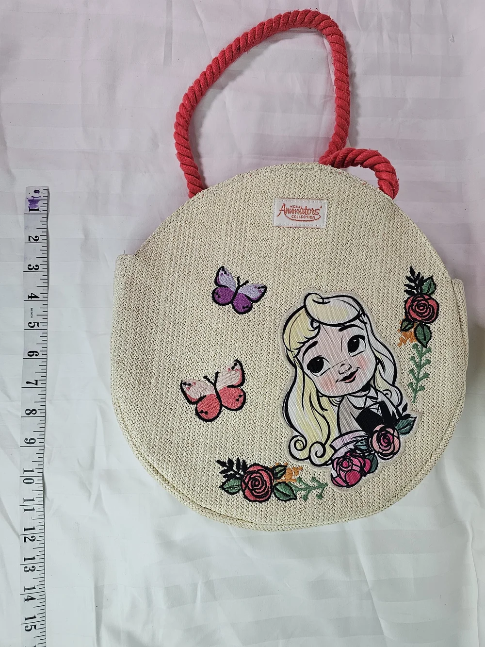 Disney Beige Round Straw Mini Bag with Pink Handle and Floral Art